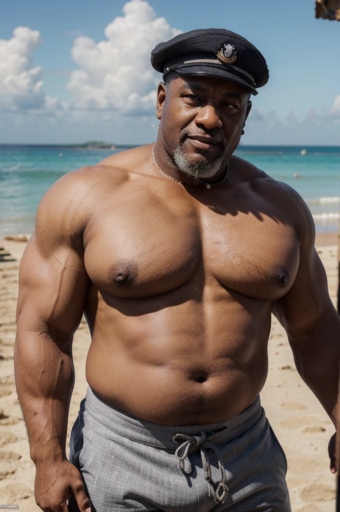 A gray-haired Senegalese sailor, super heavy bodybuilder with a sailor beret on his head and no shirt. Un culturista obeso de cuerpo completo con un cuerpo muy sudoroso. An extremely muscular and extremely fat old man over 70 years old weighing over 600 pounds. Muy musculoso, muy peludo, con grandes. pectorales con pezones oscuros y ginecomastia en una playa tropical con pantalones de marinero blancos