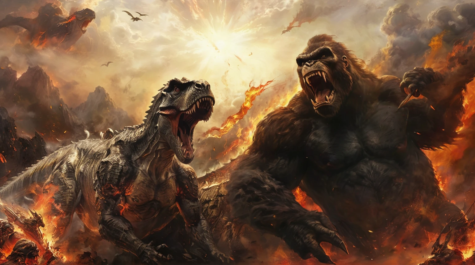 Dark fantasy art style,（（Best quality））， （（masterpiece））， （Very detailed：1.3），(super detailed art)，Epic composition （（1 Dinosaur and 1 King Kong battle scene 1.6））The picture is surrounded by fire，Movie quality，Hell-like flames，Fire splattered，Fierce battles，Dynamic explosion background，Clouds, smoke, and flames filled the air，Perfect anatomical structure，Spatial Depth of Field Composition, majestic, Amazing anger, Deep and mysterious background，Darkness and light