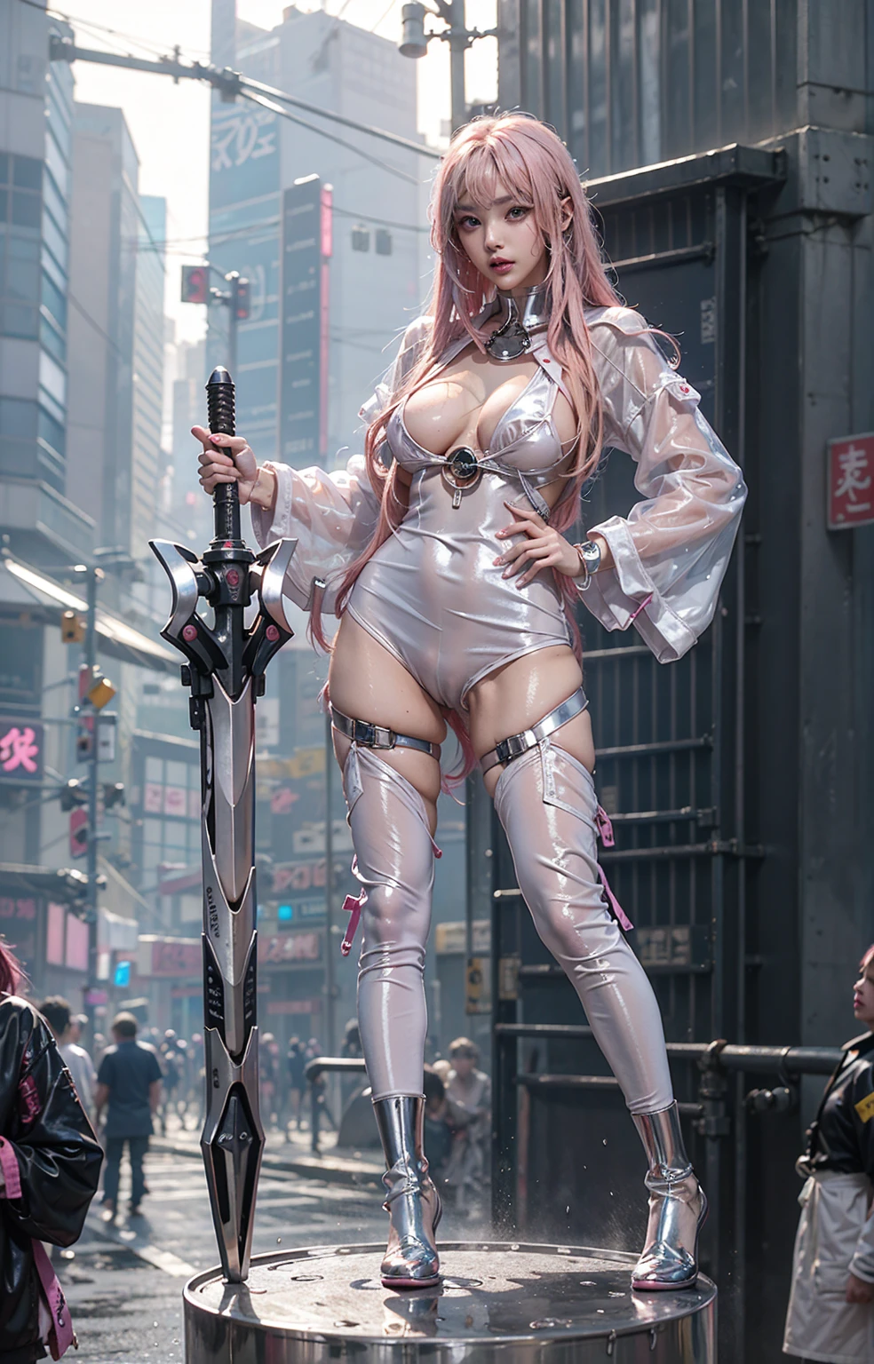 highest quality、Surreal、Perfect ???????、Crowded busy street、Surrounded by spectators、Crowd、Wet and shiny white skin、Sweat dripping all over the body、Slender model figure、??????、Silver and pink hair、soaked、Super small face、Collars and Leads、Large cleavage、Cyberpunk City、photo shoot、Japanese sword、Micro ??????、