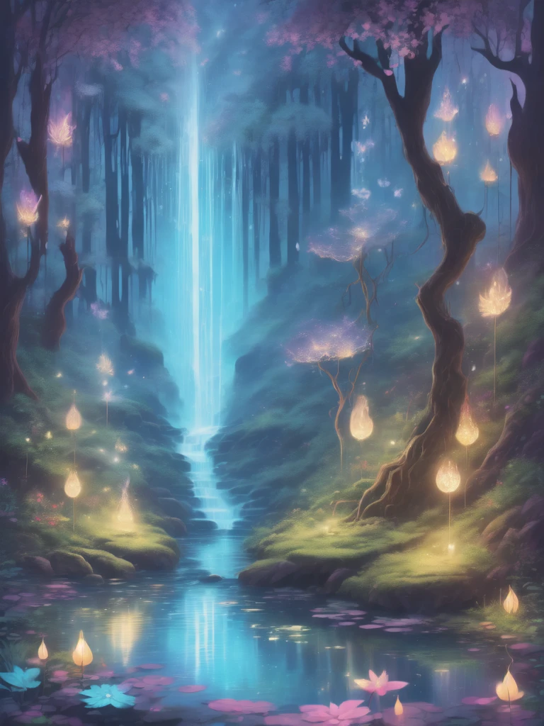 "Moonlit priestess, tropical oasis, magical pond, nocturnal mysteries, ethereal enchantment"