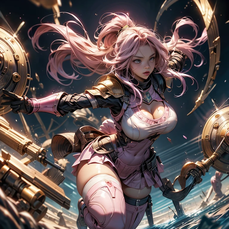 Pink-haired Scandinavian girl wearing half-plate armor and a frilly skirt over a skin-tight bodysuit, (Pink Long Hair:1.4), Pink Eyes,Attractive breasts、High resolution (High Dynamic Range), Ray Tracing, NVIDIA, Super Resolution, Scattered under the surface, Anisotropic Filtering, Written boundary depth ,Maximum clarity and sharpness, Surface Shading, Two-tone lighting、Camel Toe、Giant tit、Nipple Puffs、Cleavage、Plump、Super big breasts、Super big butt