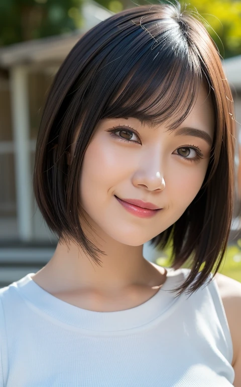 (Highest quality: 1.5), (Realistic: 1.5), (1 person: 1.5), Very detailed, High resolution, 8K, (Composition for upper body), Natural colored lips, Cute smile, Japanese woman, 20 year old girl, thin arched eyebrows, beautiful and elegant face, cute face (big eyes with balanced left and right sides), big eyes, fair skin, beautiful and elegant face, natural bangs, beautiful thin nose, beautiful skin, medium bob hair, natural bangs, perfect beautiful face, slim face and figure, normal breasts, (looking at the camera with a natural smile), (bright lighting), professional lighting, (lighting from the front), natural A big smile, a simple pose, a plain tight white crop tank top, collarbone visible, navel visible (navel open), grassy park, hot pants,