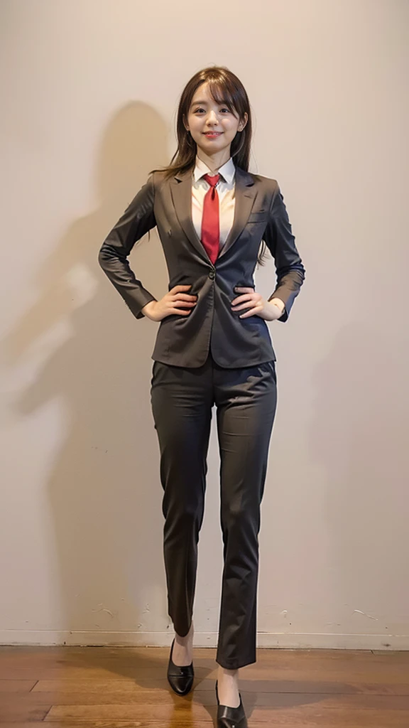 (8k、RAW Photos、highest quality、masterpiece:1.2)、(Realistic、Realistic)、1 girl、((large size black suit、red tie、rub my chest、pants suit、sexy suit、mens suit、hutanari、Leg spread、Bow-legged、Touching as if groping the breasts、Wide Stride、Leg spread、smile、sexy、I can see your chest、View from the front、Stand with hands on hips、In the city))、