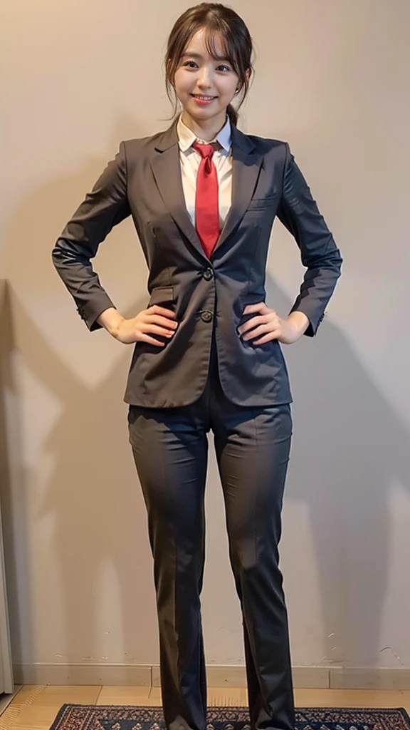(8k、RAW Photos、highest quality、masterpiece:1.2)、(Realistic、Realistic)、1 girl、((large size black suit、red tie、rub my chest、pants suit、sexy suit、mens suit、hutanari、Leg spread、Bow-legged、Touching as if groping the breasts、Wide Stride、Leg spread、smile、sexy、I can see your chest、View from the front、Stand with hands on hips、In the city))、