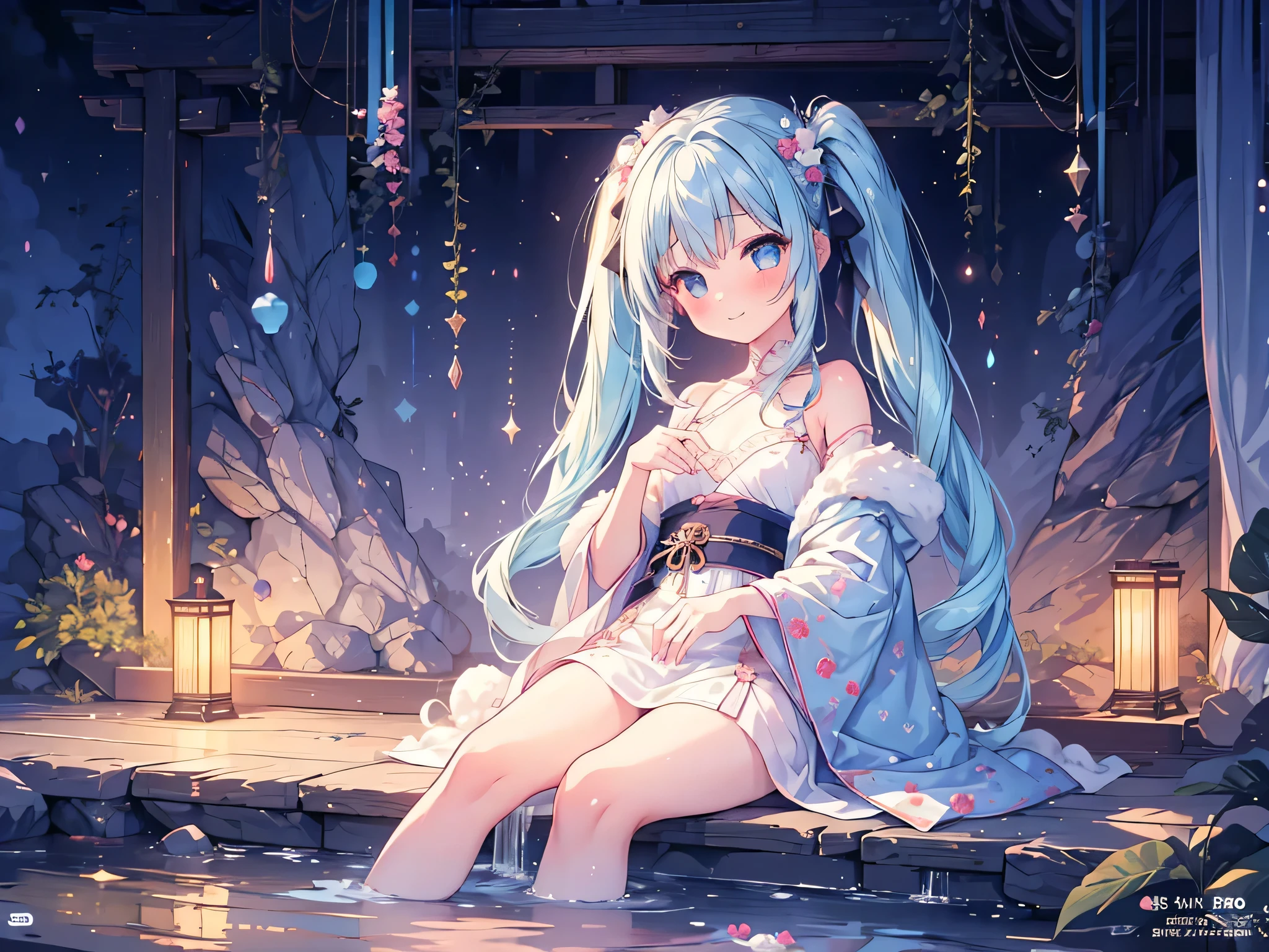 Masterpiece, best quality, extremely detailed, (illustration, official art: 1.1), ((((1 girl)))), ((light blue long hair))), light blue hair, 10 years old, ((blush)), cute face, big eyes, tareme, masterpiece, best quality, (a very delicate and beautiful girl)))), amazing, beautiful detailed eyes, blunt bangs (((little delicate girl)))), tareme (true beautiful: 1.2), small Girl,, Thief, Longhaire, Blush, Happy Smile,twintails, Pretty girl、Entering the open-air bath、hot onsen, water vapour, Night (Illustration: 1.0), epic composition, Realistic lighting, HD details, masutepiece, Best Quality, (extremely detailed CG unified 8k wallpaper)