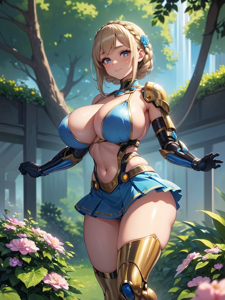 (((masterpiece))), (((best quality))), ((ultra-detailed)), (illustration), ((an extremely delicate and beautiful)), ((super detail)), ((high resolution)), (((20 years old))), metallic cloth, (cheerleader), (super heroine), (android), delicate metal decorations, gleaming skin, shiny body, two legs, breast focus, (((tall))), slender legs, ((big round eyes)), cute eyes, drooping eyes, ((adult)), two hands, five fingers, no extra hands, elegant smile, braid, ((metallic blue)), (see-through), (dark blonde), ((ultra-huge breasts)), (shining brightly), outdoor, mini skirt, daytime, ((biopunk)), (hair shorter than shoulder), (medium length hair), gynoid, flower garden, (bikini),