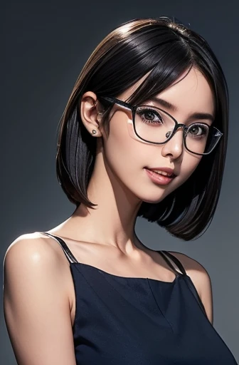 (masterpiece), (8k, best quality, high resolution), (ultra-detailed, realistic), (anatomically correct),
((Portrait)), (Standing), ((looking back)), (No background),
(1woman), (looking at viewer),
(A Japanese woman, 30 years old and 155cm tall.),
(black hair), (straight hair), (short hair style), (bob cut), (hair behind ears),
(wear glasses), ((black cell frame glasses)),
((Wear a navy blue sleeveless dress)), ((Mini length dress with a simple design and minimal decoration)),
(Wear navy blue ankle strap pumps),
(Create a detailed image of the eye),
(Her impression is pure, clean and kind.),
((A captivating smile, just showing a few teeth.)),