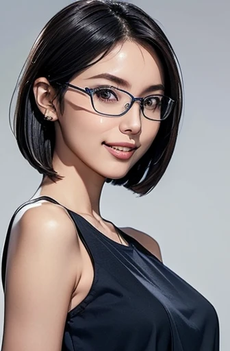 (masterpiece), (8k, best quality, high resolution), (ultra-detailed, realistic), (anatomically correct),
((Portrait)), (Standing), ((looking back)), (No background),
(1woman), (looking at viewer),
(A Japanese woman, 30 years old and 155cm tall.),
(black hair), (straight hair), (short hair style), (bob cut), (hair behind ears),
(wear glasses), ((black cell frame glasses)),
((Wear a navy blue sleeveless dress)), ((Mini length dress with a simple design and minimal decoration)),
(Wear navy blue ankle strap pumps),
(Create a detailed image of the eye),
(Her impression is pure, clean and kind.),
((A captivating smile, just showing a few teeth.)),