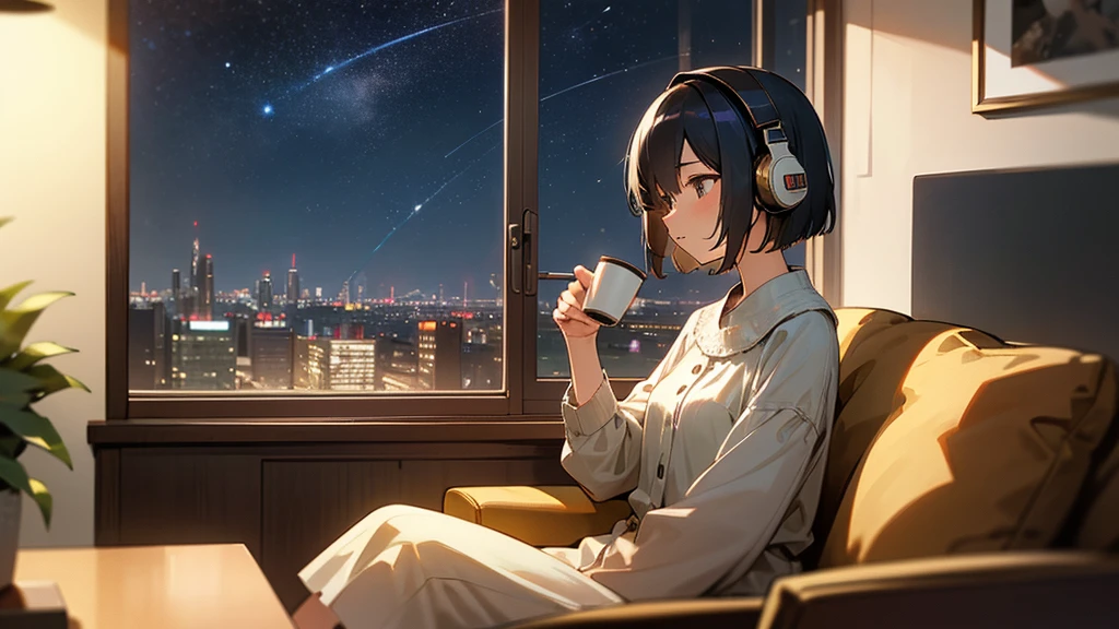 masterpiece。high quality。High definition。quiet night、Sitting on the sofa in my room listening to jazz with headphones、A woman with bob hair working with a cup of coffee in her hand。Outside the window, the night city and the starry sky spread out.。In the upper right「LO-FI」Described as。