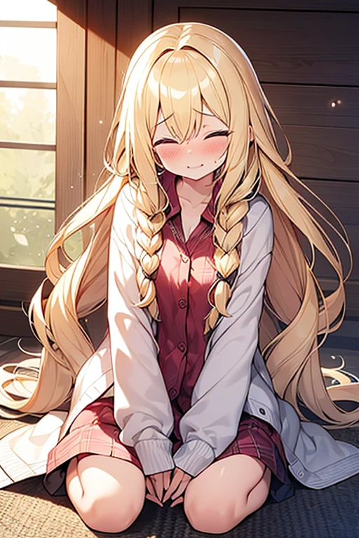 (1 woman,Blonde、Long Hair、Braided hair、Wavy Hair、Being lazy),(sexual ecstasy face) ,embarrassed,blush,closed eyes,Full Body Shot,Cardigan