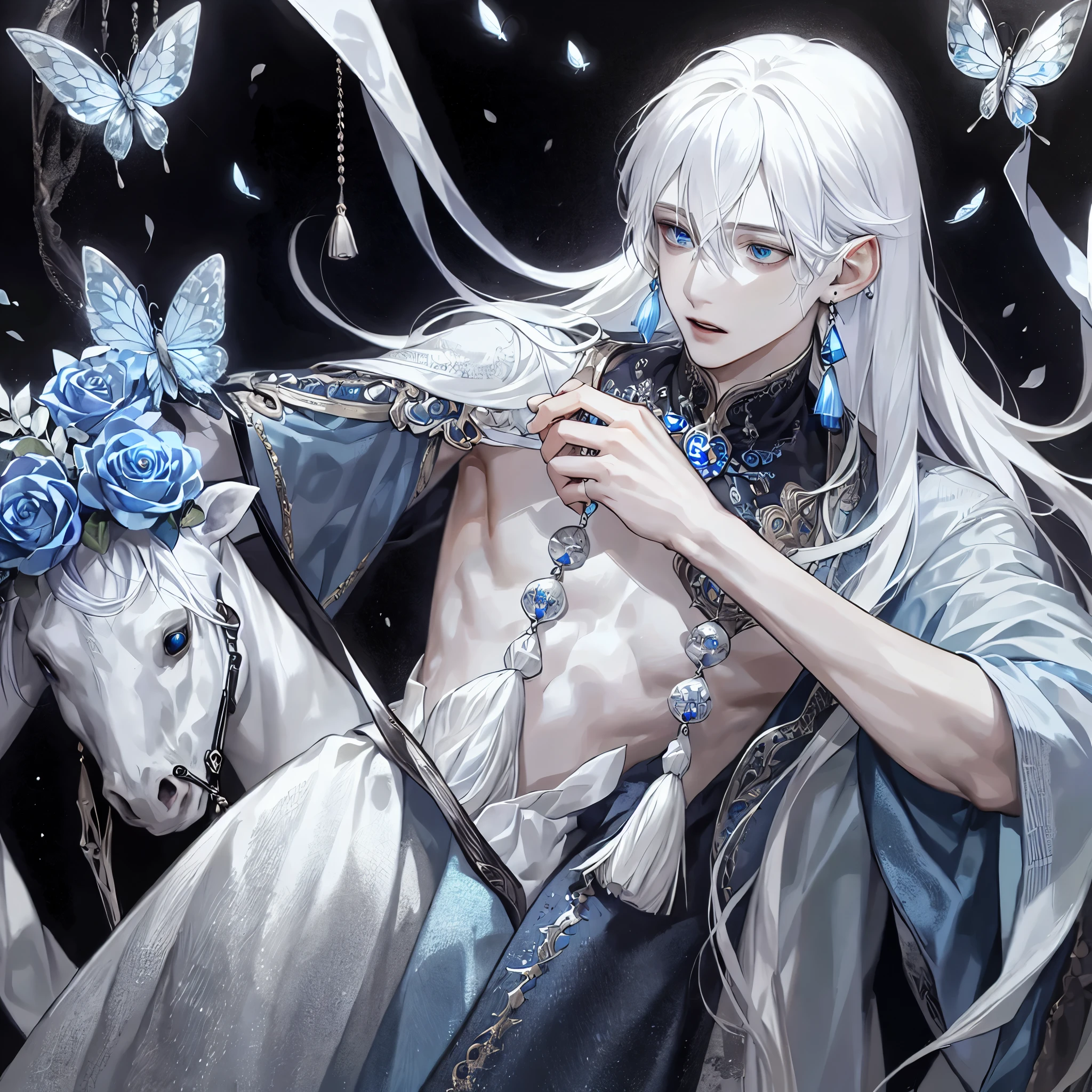 masterpiece, Male focus, 1 boy, solitary, white hair, tassel earrings, tassel, jewelry, earrings, open mouth, black background, blue eyes, Long hair, Vulnerabilities, Butterfly, Upper Body, Hair between the eyes, Colorful hair，Pearlescent rose，individual，Eyes depicted in great detail