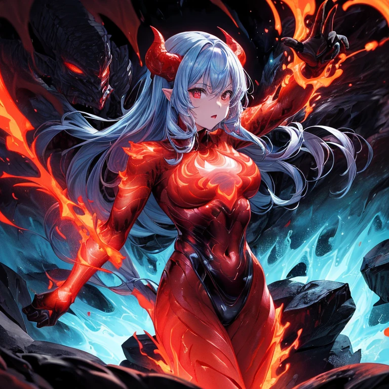 girl、A very detailed lava demon fighter!, Lava Demon super Fighter, The Lava Demon wears a transparent superhero costume.、Dark lava flows can be seen inside。, ((In the Lava Demon's Chest)) ((Dark Scarlet Flame)) ((Burning Heart)), whole body, A stream of lava flows from the demon's eye, Lava falls on the devil's fangs, Full pose, Lava Demon's Red-hot Steel Claws, Incredibly detailed, Incredible!, Very high resolution, 32k, Dark Fantasy Art, Anime Style 100%, action Fighting anime scene, attack, Fight, 溶岩の悪魔のFight、Camel Toe、Giant tit、Nipple Puffs、Cleavage、Plump、Super big breasts、Super big butt、beautiful girl