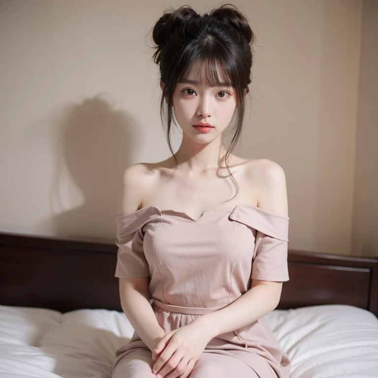 A Chinese beauty sitting on the bed, She clenched her hands，Wearing an off-the-shoulder dress. She has black hair，Two buns, Slightly curly long straight bangs cover half of the face, Beautiful eyes looking down, Dress like you&#39;re getting ready for school,