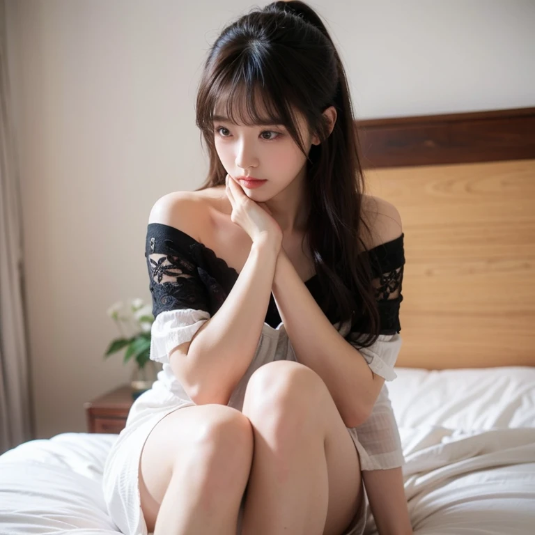 A Chinese beauty sitting on the bed, She clenched her hands,Wearing an off-the-shoulder dress. She has black hair,Two buns, Slightly curly long straight bangs cover half of the face, Beautiful eyes looking down, Dress like you're getting ready for school,
