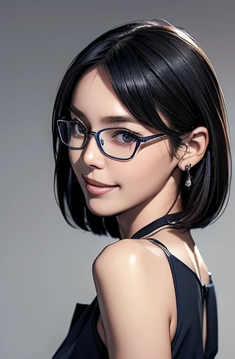 (masterpiece), (8k, best quality, high resolution), (ultra-detailed, realistic), (anatomically correct),  
((Portrait)), (Standing), ((looking back)), (No background),
(1woman),  (looking at viewer), 
(A Japanese woman, 30 years old and 155cm tall.), 
(black hair), (straight hair), (short hair style), (bob cut), (hair behind ears), 
(wear glasses), ((black cell frame glasses)), 
((Wear a navy blue sleeveless dress)), ((Mini length dress with a simple design and minimal decoration)), 
(Wear navy blue ankle strap pumps), 
(Create a detailed image of the eye), 
(Her impression is pure, clean and kind.), 
((A captivating smile, just showing a few teeth.)), 　 
