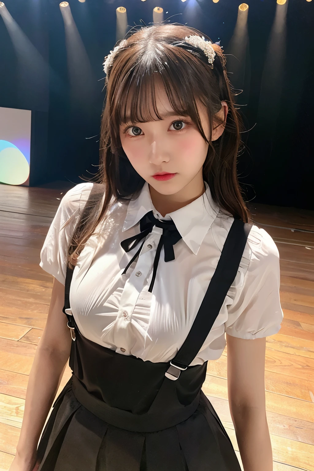 masterpiece、Flat Color、Depth of written boundary、Lens Flare 1 Girl、、Brown Hair、Staring at the audience suspenders bulging big breasts Armpit sweat wall: Black Skirt garter belt sight Small face bangs over eyes side Mouse-colored eyes holster Dress shirt