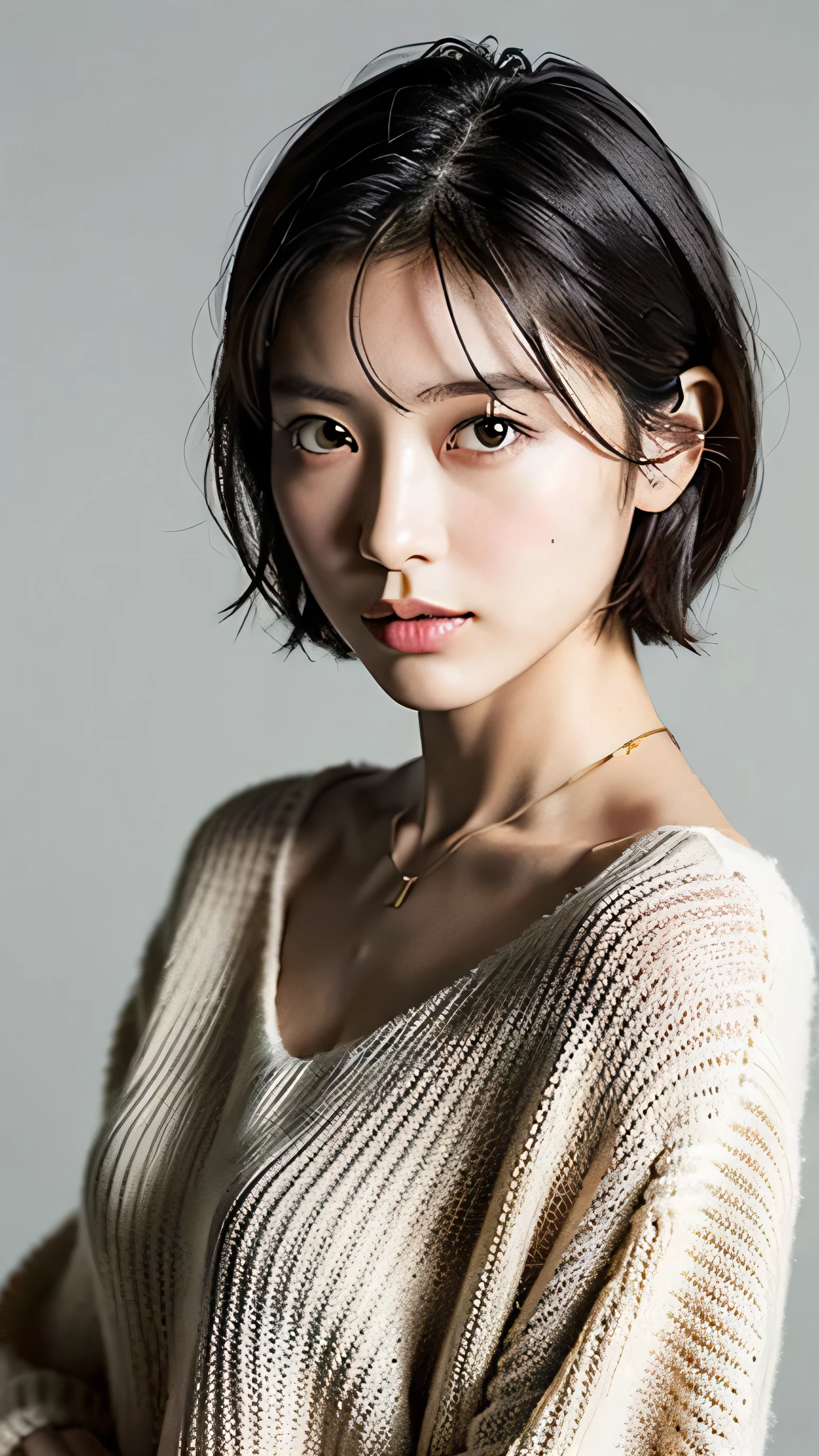(highest quality, 8k, 32k, masterpiece, Ultra-high resolution: 1.2), Cute Japanese Women Photos, Medium chest, Very short bob hair, Upper Body, Face Focus, Extra Large_sweater, necklace, Simple Background, From above, View Viewer,
