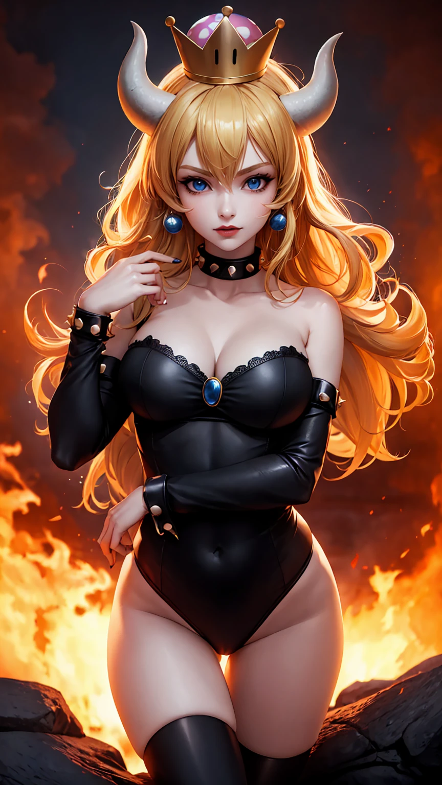 ((high detailed, best quality, 4k, masterpiece, hd:1.3)), ((best quality)), (((HD))), (((8k))), (ultraDH), (ultra HD), Princess Daisy, blue eyes, BREAK blue eyes, seductive, attractive, smooth anime cg art, 36C breasts, long legs, vivid colors, detailed digital art, slim body, perfect skin, dark blonde hair, long hair, blonde hair, blonde hair, BREAK crown, cleavage, 36C cleavage, looking at viewer, BREAK looking at viewer, extremely detailed face, red santa suit, red santa claus suit, santa claus suit, earrings, gem, dark black makeup lips, dark gothic eyeshadows, dark eyeshadows, black eyeshadows, black sexy lips, black lips, (dark:1.2), dark lips, very dark lips, (perfect hands, perfect anatomy), black makeup, black medium lips, black thick lips, detailed fingers, five fingers per hand, 5 fingers, (1 girl), detailed lips, detailed black lips, black painted lips, gothic painted lips, BREAK night, night sky, (breast focus), (arms outstreched:1.2), (from above:1.1), (breasts out:1.3), (off shoulder:1.1), (white horns), (bra), inside a lava castle, she inside a sea of lava, she bathing in lava, full body, perfect long legs, perfect foots, legs and foots into the lava,