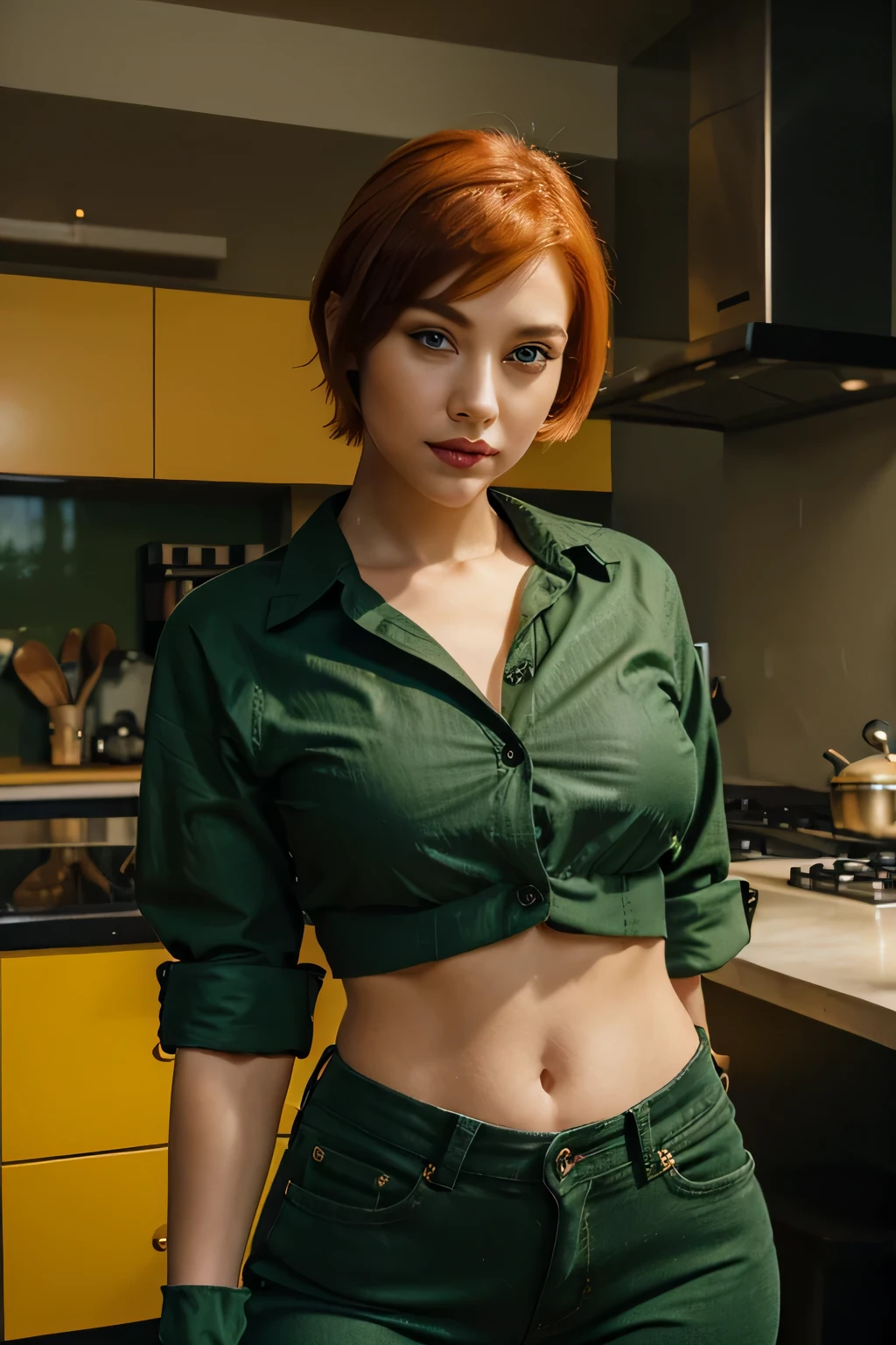 A beautiful young woman with a big chest, short orange hair, cut her brown eye, thin eyelash, black red lip, wears a green button-down shirt and green denim pants, wears a black heel, wears yellow kitchen gloves. 