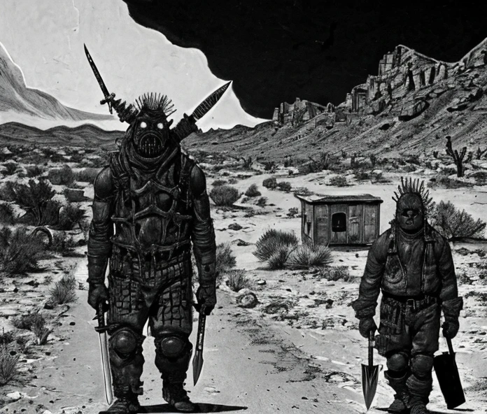 Butter Stotch holding Sword walking at desert, crazy eyes, Sad and Cry, Style of Dorohedoro