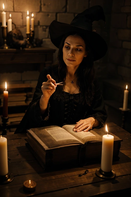 The witch casts a spell on the altar 