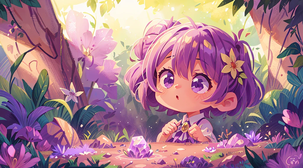 1littlegirl,Light Purple hair, short bob hair, In the light purple gems world,Love Flower Power, The sun shone in intermittently,(tmasterpiece),Extremely detailed picture details,ultra HD picture quality,(8k wallpaper),(CG),(Gemstone style), Inspired by:《Steven Universe》