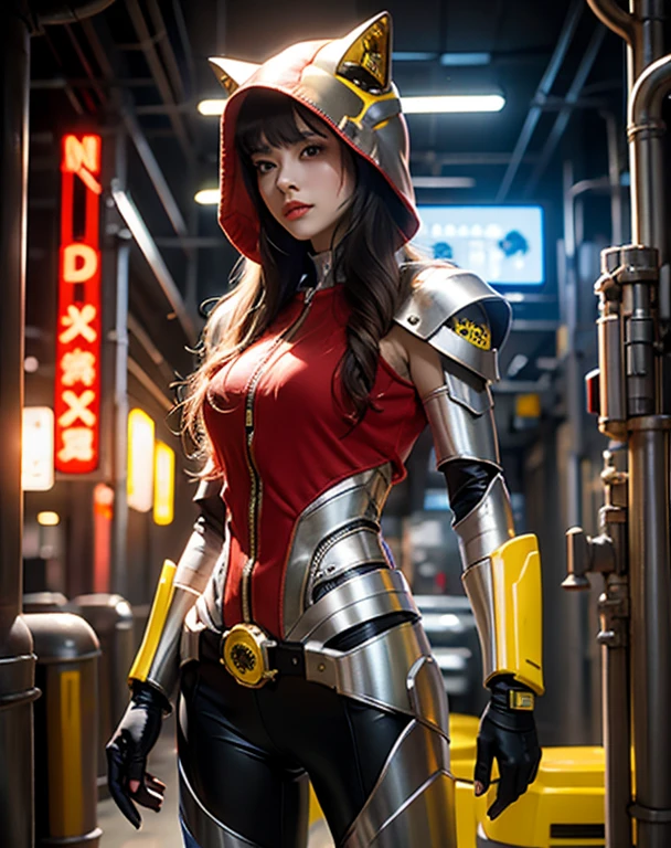 1gilr beautiful woman, Metal robot cyberpunk yellow and white machinery, ,«Little Red Riding Hood,