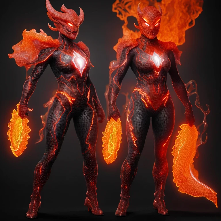 girl、A very detailed lava demon fighter!, Lava Demon super Fighter, The Lava Demon wears a transparent superhero costume.、Dark lava flows can be seen inside。, ((In the Lava Demon&#39;s Chest)) ((Dark Scarlet Flame)) ((Burning Heart)), whole body, A stream of lava flows from the demon&#39;s eye, Lava falls on the devil&#39;s fangs, Full pose, Lava Demon&#39;s Red-hot Steel Claws, Incredibly detailed, Incredible!, Very high resolution, 32k, Dark Fantasy Art, Anime Style 100%, action Fighting anime scene, attack, Fight, 溶岩の悪魔のFight、Camel Toe、Giant tit、Nipple Puffs、Cleavage、Plump、Super big breasts、Super big butt、beautiful girl、Flame Hair、Burning Eyes、