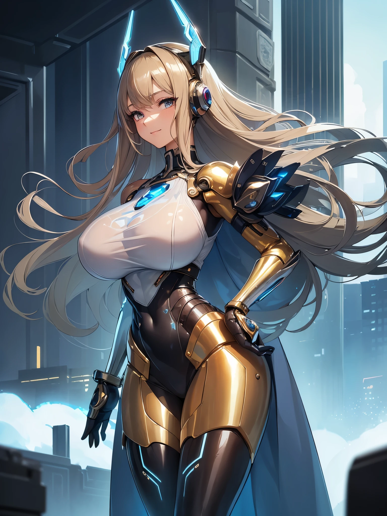 (((masterpiece))), (((best quality))), ((ultra-detailed)), (illustration), ((an extremely delicate and beautiful)), ((super detail)), ((high resolution)), (((20 years old))), metallic cloth, (cheerleader), (super heroine), (android), delicate metal decorations, gleaming skin, shiny body, two legs, breast focus, (((tall))), slender legs, ((big round eyes)), cute eyes, drooping eyes, ((adult)), two hands, five fingers, no extra hands, elegant smile, braid, ((metallic blue)), (see-through), (dark blonde), ((ultra-huge breasts)), (shining brightly), outdoor, mini skirt, daytime, ((biopunk)), (hair shorter than shoulder), (medium length hair), gynoid, (separate uniform),