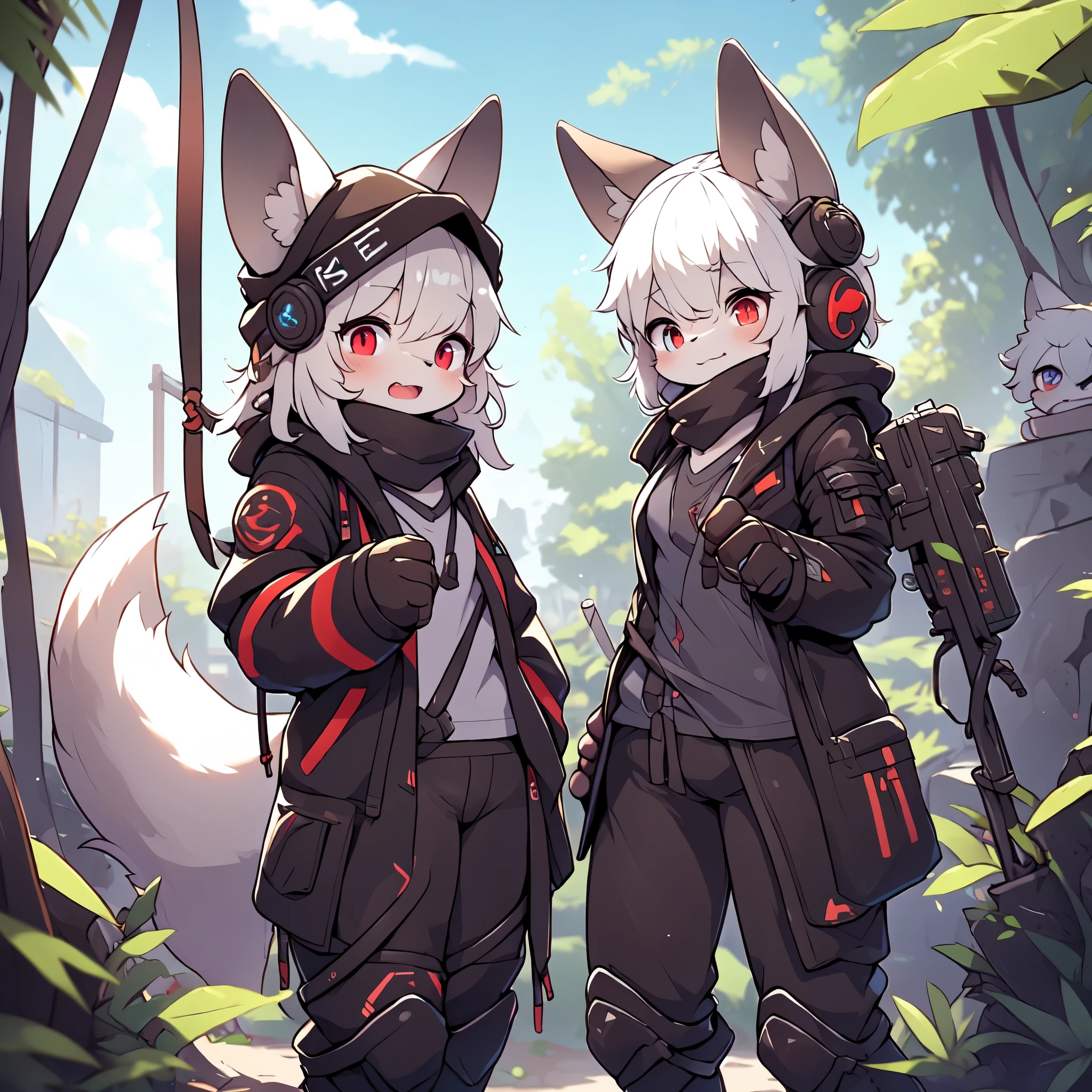Kawaii, Striped Fluffy Fox, emaciated, long hair, 3girls, artificial synthetic skin, life support prosthetics, digital headphones, black tight latex bodysuit, white long dress, thigh-high-socks, shorts, loose off-the-shoulder hood open jacket, holsters in thigh, Mechanical boots, tactical knee pads, tactical belted loose Arm Sleeves, cybernetic Display gloves, chest rigs, tactical belts, blue archive halo, bulletproof goggles on forehead, from Ark nights, ray tracing, depth of field, bloom, masterpiece, ccurate, high details, highres