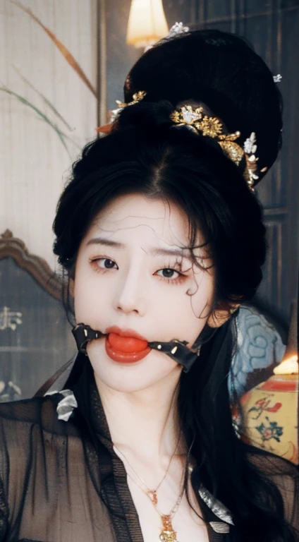 Black_hair, 1 girl, closure_Eye, long_hair, nail_polishing, alone, jewelry,Art, Chinese, ballgag