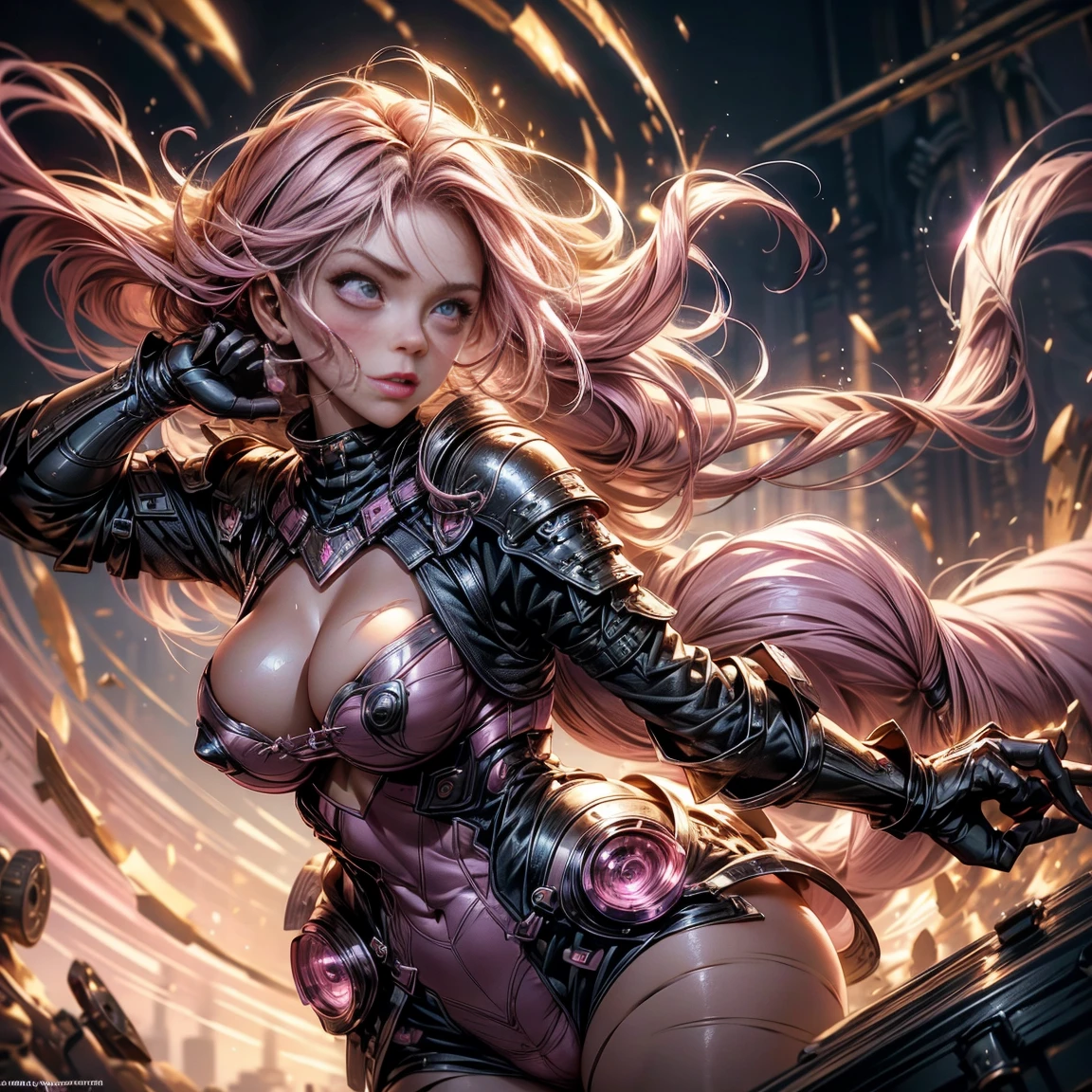 Pink-haired Scandinavian girl wearing half-plate armor and a frilly skirt over a skin-tight bodysuit, (Pink Long Hair:1.4), Pink Eyes,Attractive breasts、High resolution (High Dynamic Range), Ray Tracing, NVIDIA, Super Resolution, Scattered under the surface, Anisotropic Filtering, Written boundary depth ,Maximum clarity and sharpness, Surface Shading, Two-tone lighting、Camel Toe、Giant tit、Nipple Puffs、Cleavage、Plump、Super big breasts、Super big butt