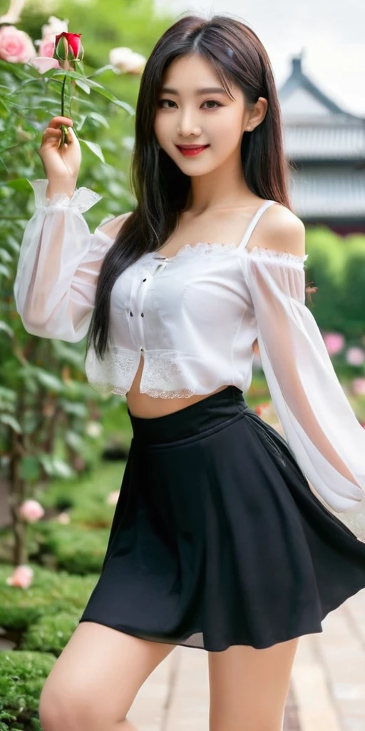((16k,super highest quality,Ultra-high resolution,masterpiece,Realistic,Realistic,Very detailed)),Young, adorable and cute 16 year old〜20 year old girl,((Seamless Ultra-thin All-through Pantyhose,Ultra-thin seamless pantyhose, sexy, all-through, beautiful legs, tights, stockings, sheer, pantyhose, ladies)),Full body photo,Full body angle,Esbian all over,Baby Face,single eyelid,Long legs,Thin legs,Thin thighs,Beautiful hands and feet,chest,Cute smile,Adorable smile,nice smile,Rose garden in the background,Long Straight Hair,Iris,Black Hair,A lovely, beautiful and youthful Japanese woman,With a young body,Slim waist,((Modern Chinese traditional costume for women,Short Chinese dresini Chinese Dress,Sexy Chinese Dress,Chinese Dress Sexy Lolita Dress)),((No underwear))