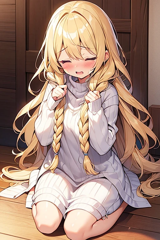 (1 woman,Blonde、Long Hair、Braided hair、Wavy Hair、Being lazy),(sexual ecstasy face) ,embarrassed,blush,closed eyes,Full Body Shot,Poncho-style Sweater
