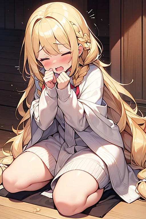 (1 woman,Blonde、Long Hair、Braided hair、Wavy Hair、Being lazy),(sexual ecstasy face) ,embarrassed,blush,closed eyes,Full Body Shot,Poncho-style Sweater