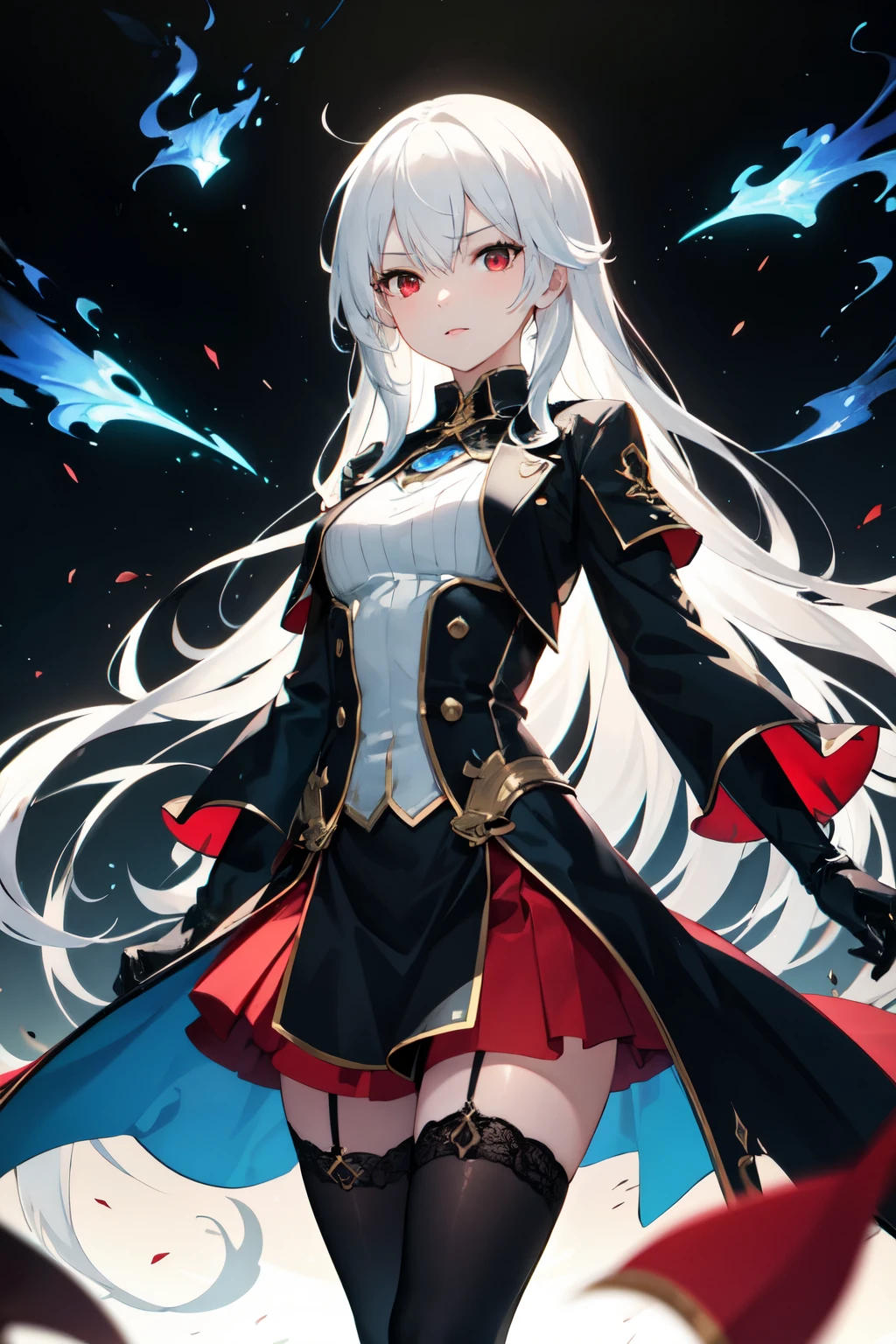 1 Girl, Western dress, Straight long hair ,white hair, Red eyes, Magic Circle, Blue flame, Blue flame, wallpaper, landscape,  splatter, Depth of Field, night, Light Particles, light, Side Light, thigh, destiny \(series\),Black jacket, skirt,vampire，High and cold,Over-the-knee black stockings