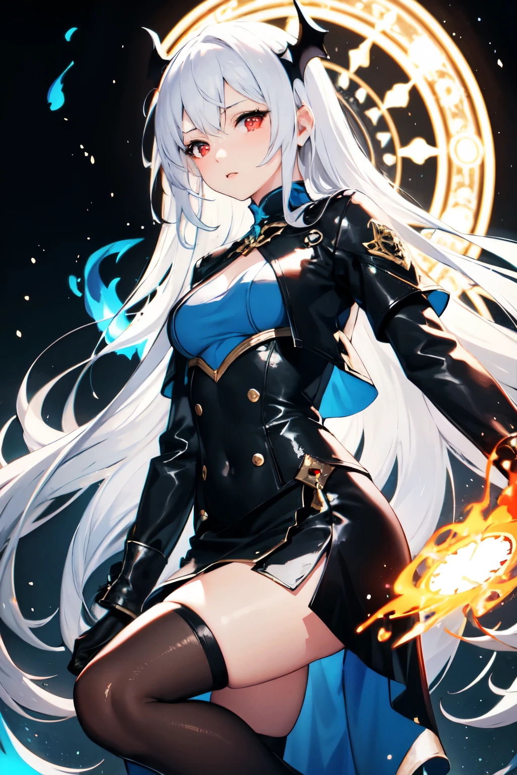 1 Girl, Western dress, Straight long hair ,white hair, Red eyes, Magic Circle, Blue flame, Blue flame, wallpaper, landscape, splatter, Depth of Field, night, Light Particles, light, Side Light, thigh, destiny \(series\),Black jacket, skirt,vampire,High and cold,Over-the-knee black stockings