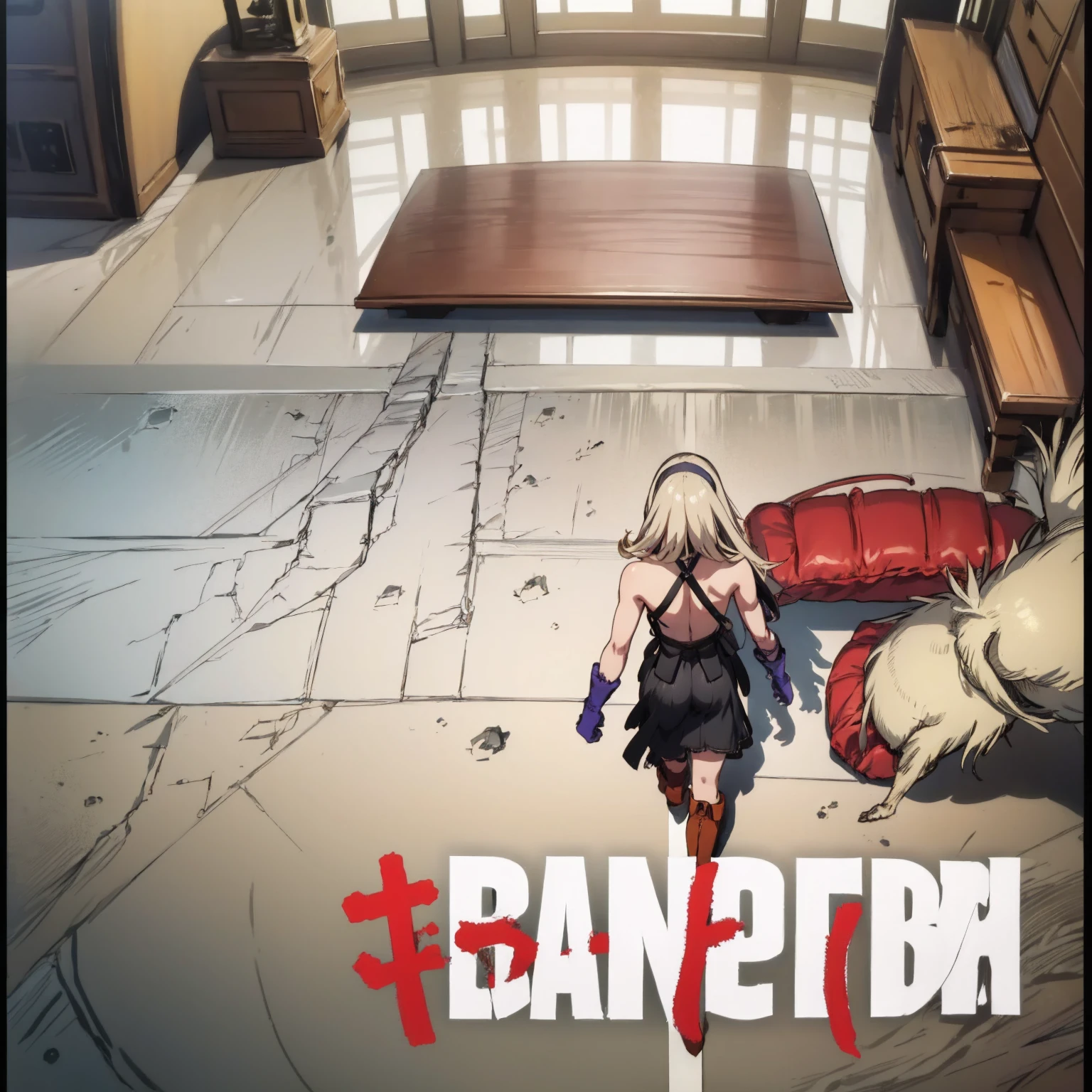masterpiece, best quality, akiraposter, from above, from behind, walking, chocobo (ミレーヌ - Mylene Rapha Holfort / Otome Game Sekai wa Mob ni Kibishii Sekai Desu - Otome Game World is tough on mobs), white crop top, elbow pad, fingerless gloves, suspenders, pencil skirt, black socks, red boots