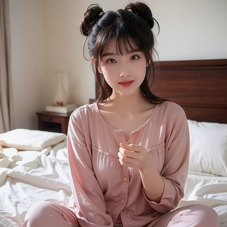 A Chinese beauty sitting on the bed, She clenched her hands，Wearing simple pajamas，transparent，transparent小， She has black hair，Two buns, Slightly curly long straight bangs cover half of the face, Beautiful eyes looking down, Getting ready for school,