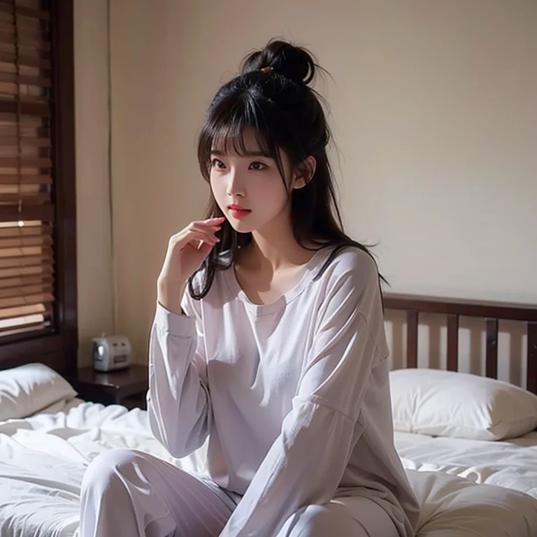 A Chinese beauty sitting on the bed, She clenched her hands，Wearing simple pajamas，transparent，transparent小， She has black hair，Two buns, Slightly curly long straight bangs cover half of the face, Beautiful eyes looking down, Getting ready for school,