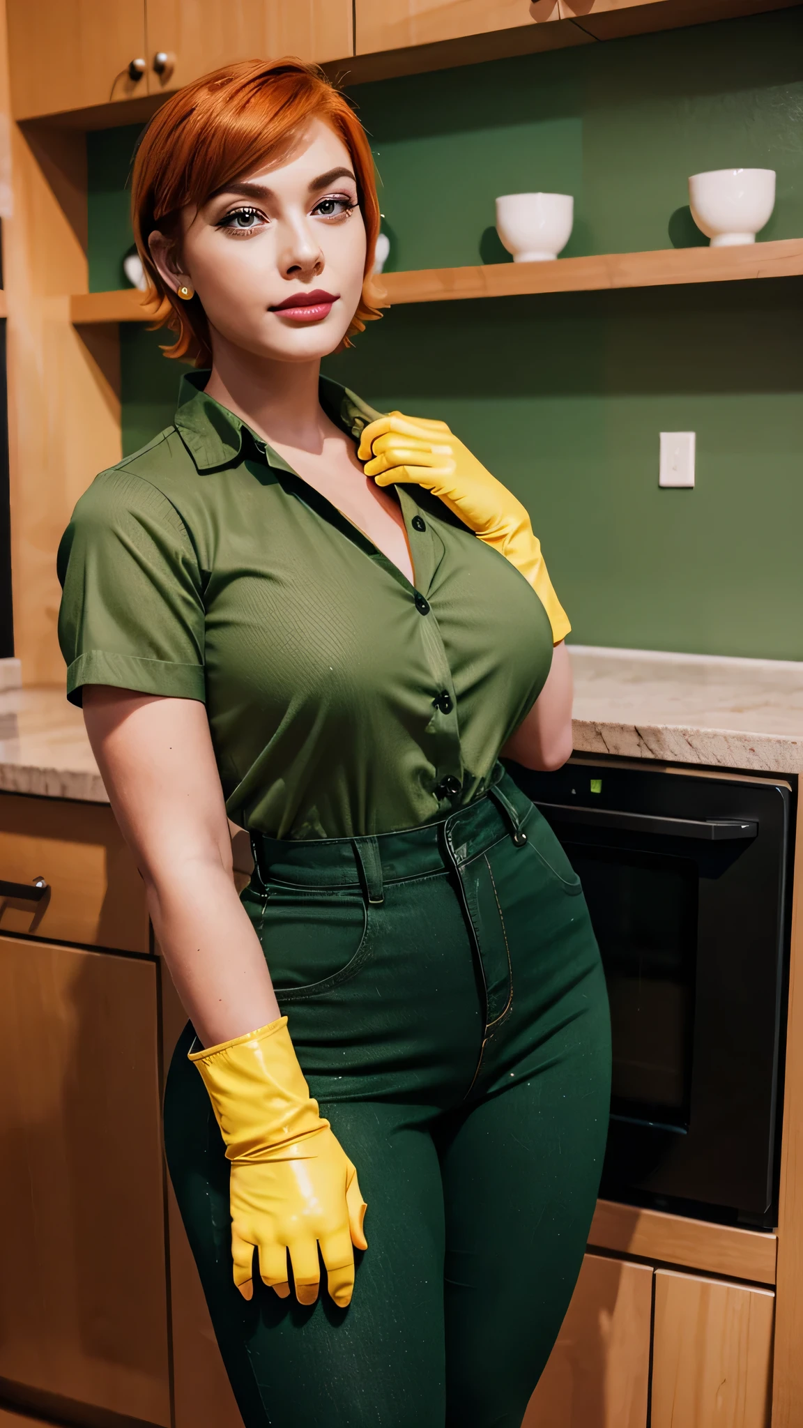 A beautiful young woman with a big chest, short orange hair, cut her brown eye, thin eyelash, black red lip, wears a green button-down shirt and green denim pants, wears a black heel, wears yellow kitchen gloves.  