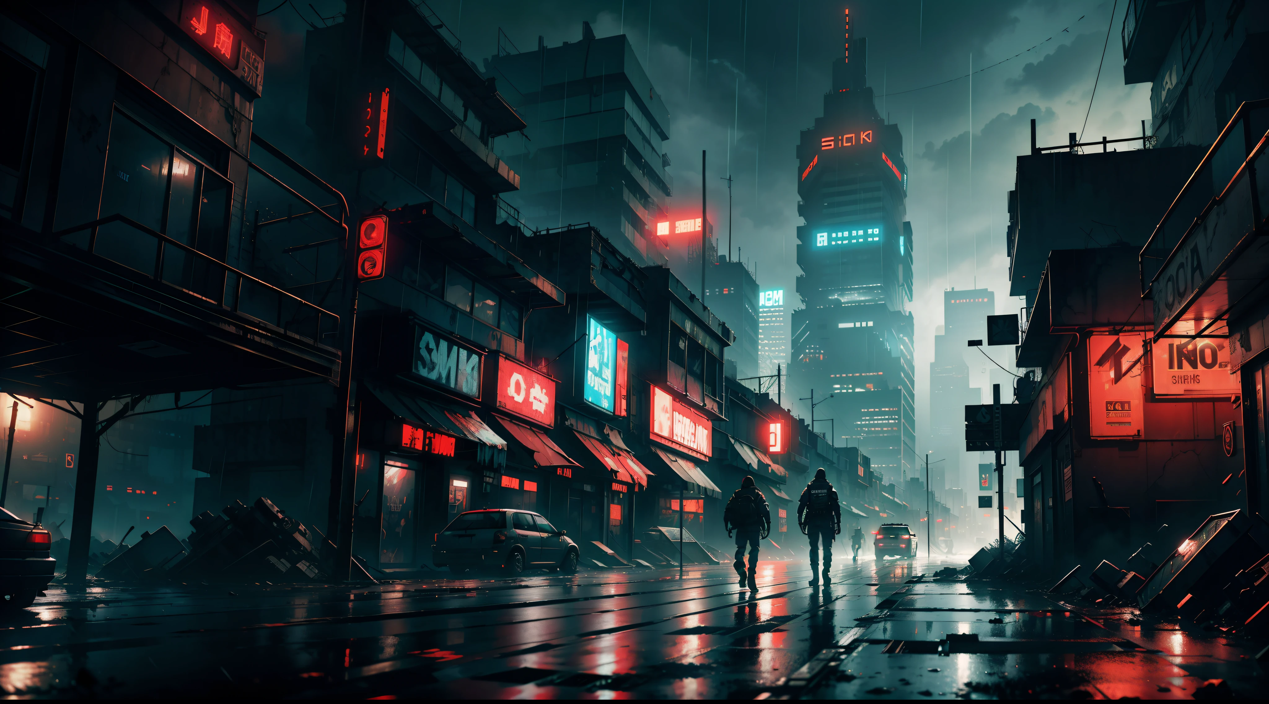 A ville cyberpunk post-apocalyptique où il pleut. humeur sombre. cinematic. 8k.