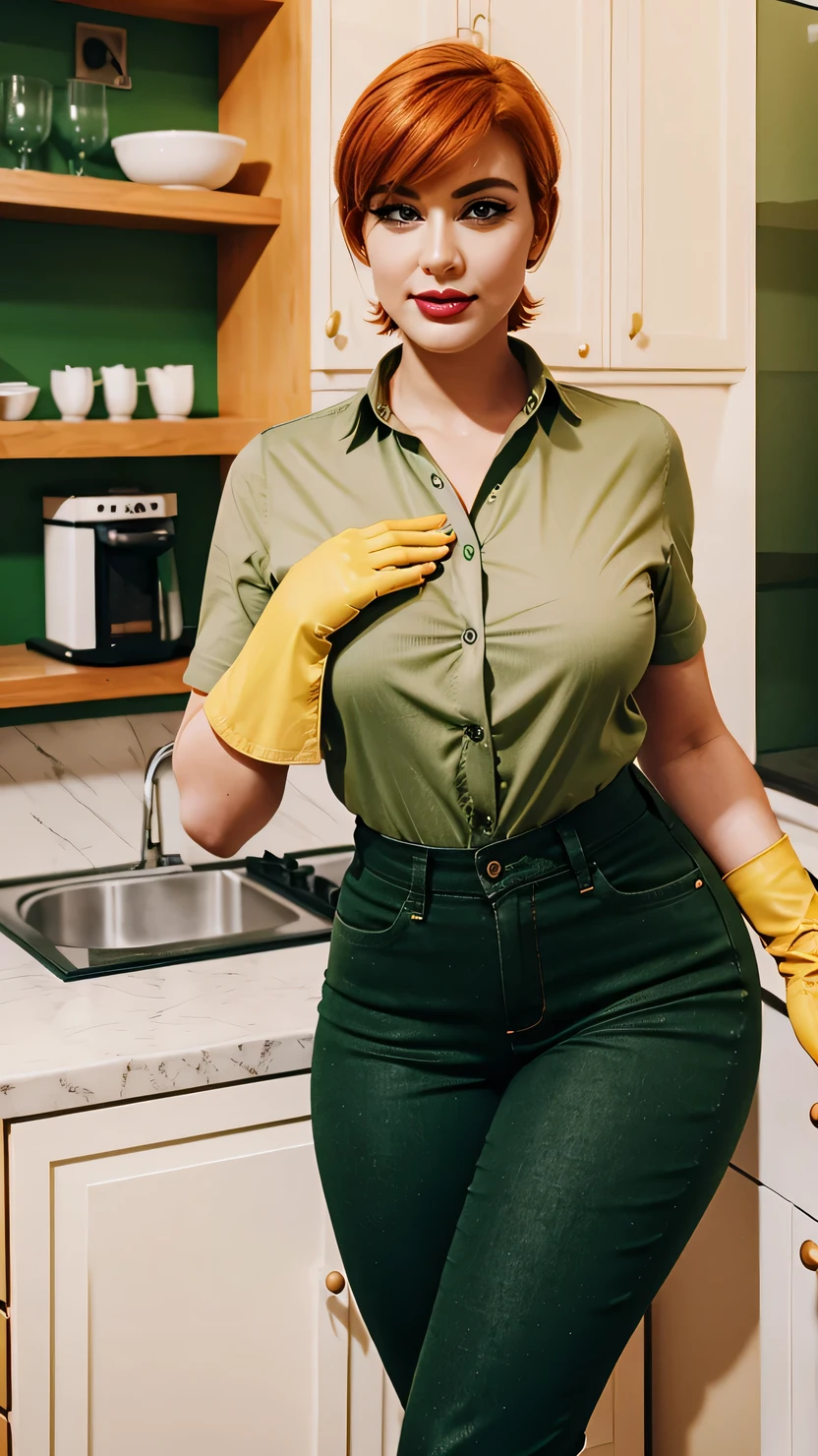 A beautiful young woman with a big chest, short orange hair, cut her brown eye, thin eyelash, black red lip, wears a green button-down shirt and green denim pants, wears a black heel, wears yellow kitchen gloves.  