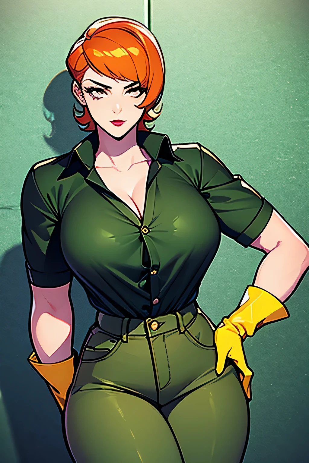 A beautiful young woman with a big chest, short orange hair, cut her brown eye, thin eyelash, black red lip, wears a green button-down shirt and green denim pants, wears a black heel, wears yellow kitchen gloves.  