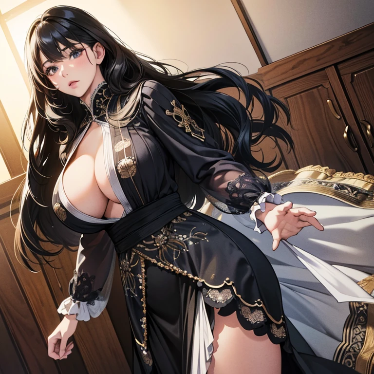 high quality, 最high quality, photo-Realistic, RAW Photos, Realistic, ultra Realistic 8k cg, Very detailed, High resolution, masterpiece, One girl, Long Hair, Black Hair, Iris, spread, Intricate details, Detailed Texture, In detail, Huge breasts, super mini skirt, plump, luxurious accessories, embroidered maxi dress