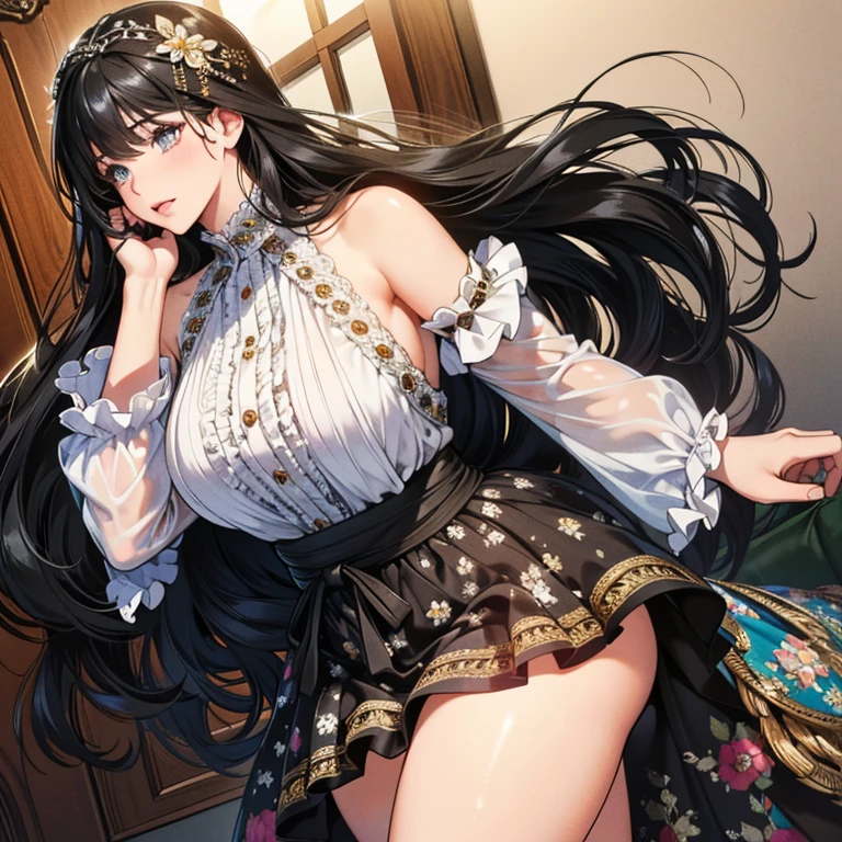 high quality, 最high quality, photo-Realistic, RAW Photos, Realistic, ultra Realistic 8k cg, Very detailed, High resolution, masterpiece, One girl, Long Hair, Black Hair, Iris, spread, Intricate details, Detailed Texture, In detail, Huge breasts, super mini skirt, plump, luxurious accessories, embroidered maxi dress