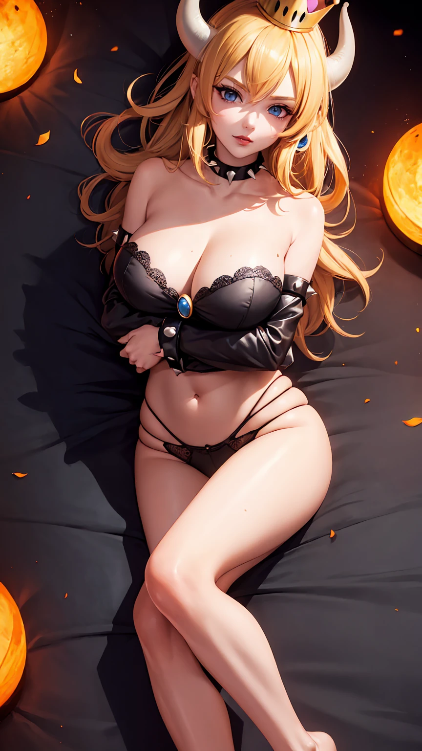 ((high detailed, best quality, 4k, masterpiece, hd:1.3)), ((best quality)), (((HD))), (((8k))), (ultraDH), (ultra HD), Princess Daisy, blue eyes, BREAK blue eyes, seductive, attractive, smooth anime cg art, 36C breasts, long legs, vivid colors, detailed digital art, slim body, perfect skin, dark blonde hair, long hair, blonde hair, blonde hair, BREAK crown, cleavage, 36C cleavage, looking at viewer, BREAK looking at viewer, extremely detailed face, red santa suit, red santa claus suit, santa claus suit, earrings, gem, dark black makeup lips, dark gothic eyeshadows, dark eyeshadows, black eyeshadows, black sexy lips, black lips, (dark:1.2), dark lips, very dark lips, (perfect hands, perfect anatomy), black makeup, black medium lips, black thick lips, detailed fingers, five fingers per hand, 5 fingers, (1 girl), detailed lips, detailed black lips, black painted lips, gothic painted lips, BREAK night, night sky, (breast focus), (arms outstreched:1.2), (from above:1.1), (breasts out:1.3), (off shoulder:1.1), (white horns), (bra), inside a lava castle, she inside a sea of lava, she bathing in lava, full body, perfect long legs, perfect foots, legs and foots into the lava,