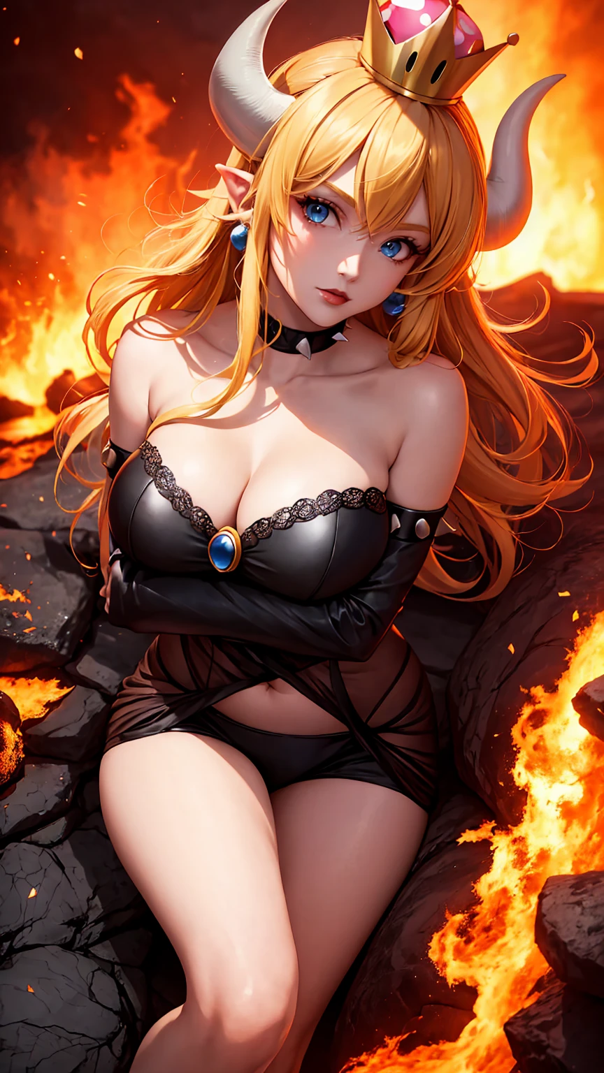 ((high detailed, best quality, 4k, masterpiece, hd:1.3)), ((best quality)), (((HD))), (((8k))), (ultraDH), (ultra HD), Princess Daisy, blue eyes, BREAK blue eyes, seductive, attractive, smooth anime cg art, 36C , long legs, vivid colors, detailed digital art, slim body, perfect skin, dark blonde hair, long hair, blonde hair, blonde hair, BREAK crown, cleavagleavage, lookiewer, BREAK looking at viewer, extremely detailed face, red santa suit, red santa claus suit, santa claus suit, earrings, gem, dark black makeup lips, dark gothic eyeshadows, dark eyeshadows, black eyeshadows, black sexy lips, black lips, rk:1.2), dark lips, very dark lips, (perfect hands, perfect anatomy), black makeup, black medium lips, black thick lips, detailed fingers, five fingers per hand, 5 fingers, (1 girl), detailed lips, detailed black lips, black painted lips, gothic painted lips, BREAK night, night sky, (breast focus), (arms outst:1.2), (from above:1.1), (breasts out:1.3), (off shoulder:white horns), (bra), inside a lava castle, she inside a sea of lava, she bathing in lava, full body, perfect long legs, perfect foots, legs and foots into the lava,