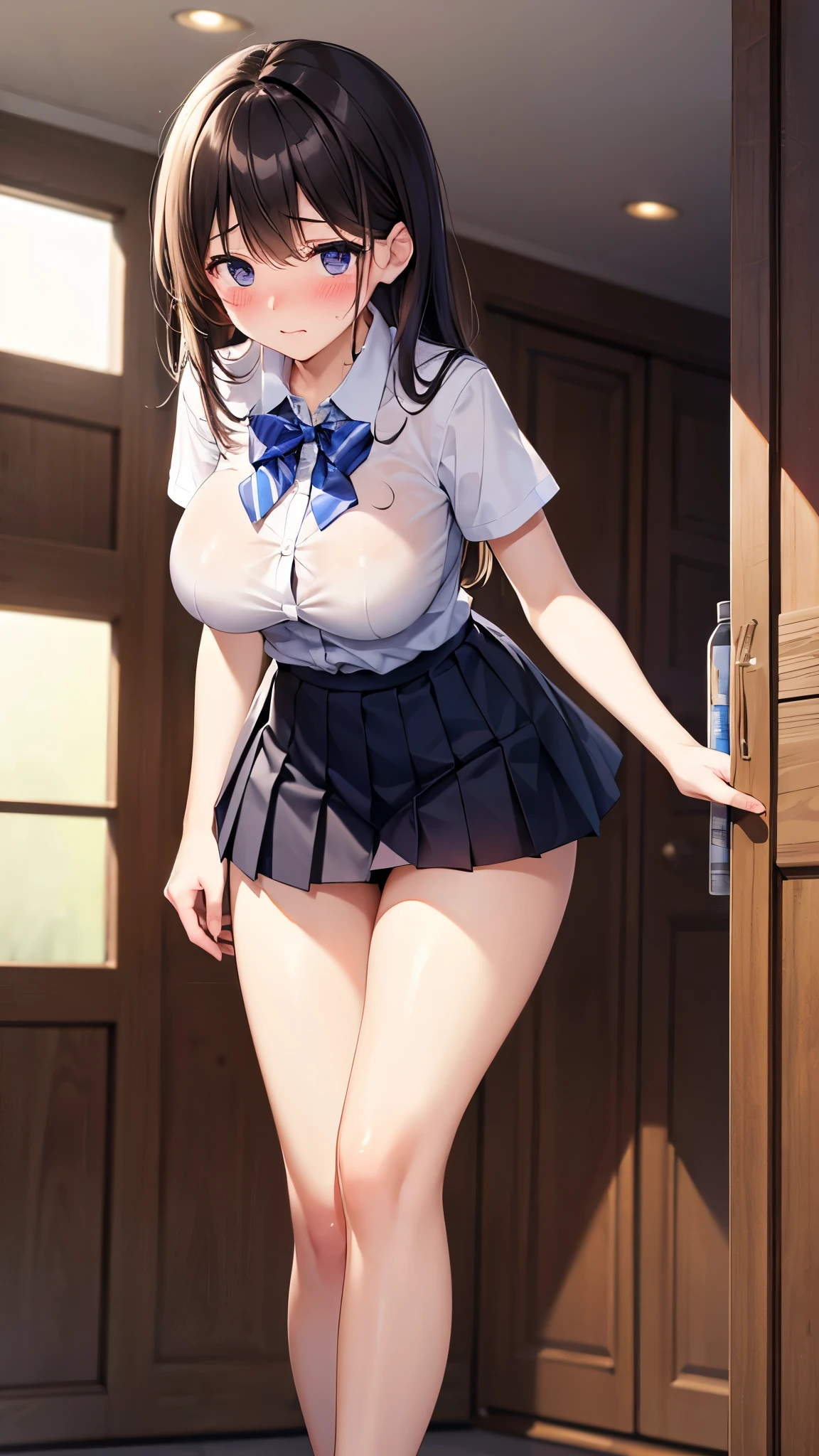 High school girls、(uniform、short sleeves, white shirt, loose bow tie, Pleated skirt), cute、、(Masterpiece、highest quality)、Highest quality、(8k, highres), (embarrassed:1.3), (hugging one’s breast), (pussy juice1.8), (Leaning forward)、(Inner thighs:1.5), Shooting from below,Close ~ eyes