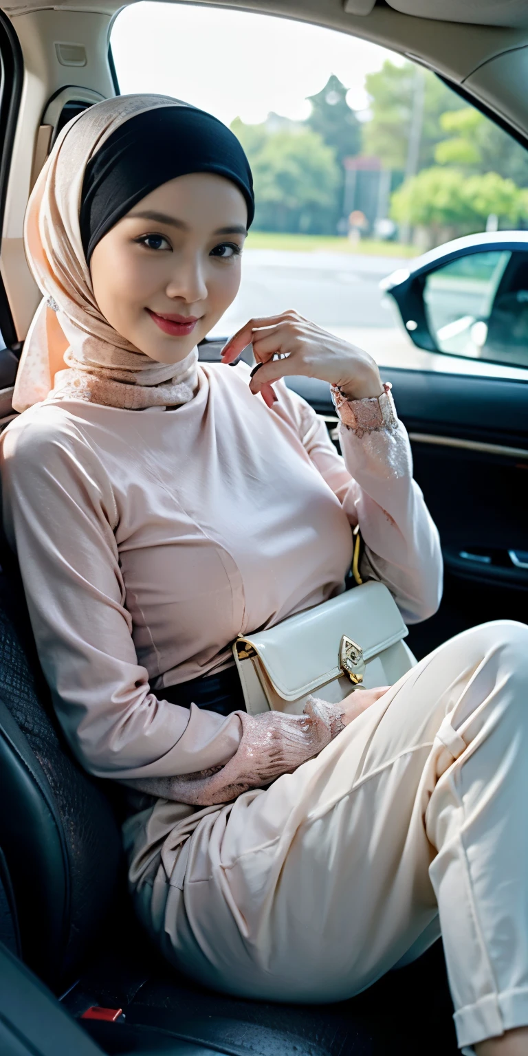 1 lady, wearing a malay baju kurung outfit, pastel coloured outfit, tight outfit, sitting in front passenger seat,(wearing a black hijab), (huge breast 1.6), holding a purse, sweet, kawaii, (soft light, details), taking a selfie, half body shot